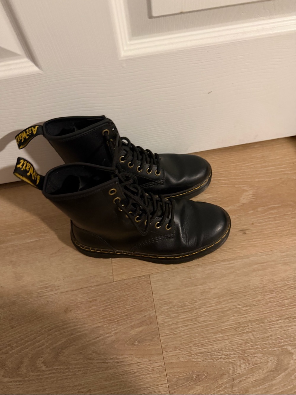 Dr. Martens Black Leather Lace-Up Boots with Yellow Stitching
